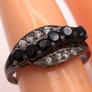 Vintage Art Deco Style Black Sapphire & CZ 3 Curvy Rows Channel Silver Ring  8
